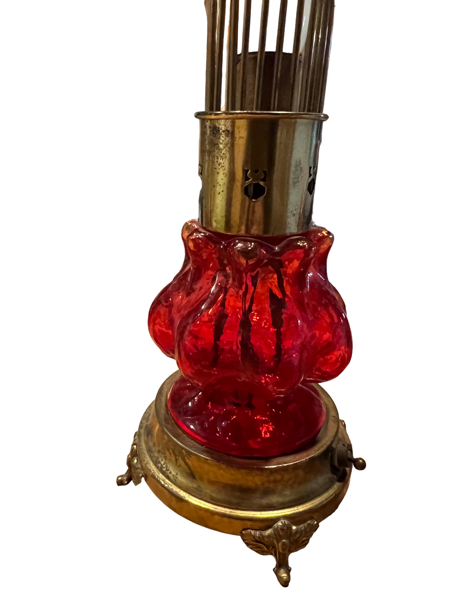 Antiques Hollywood Regency Lamp with Crystal Red Glass & Brass GLOWS!
