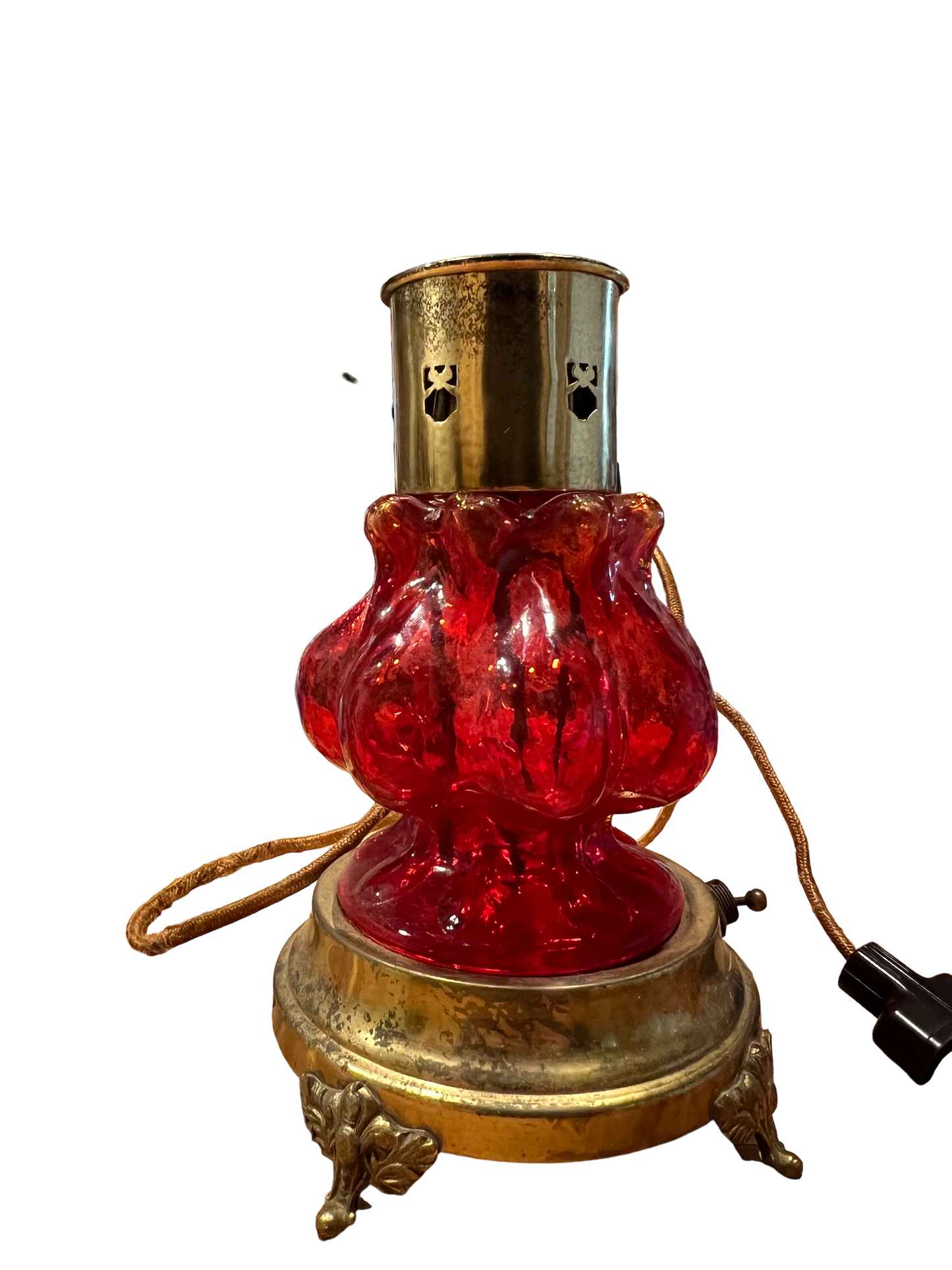 Antiques Hollywood Regency Lamp with Crystal Red Glass & Brass GLOWS!