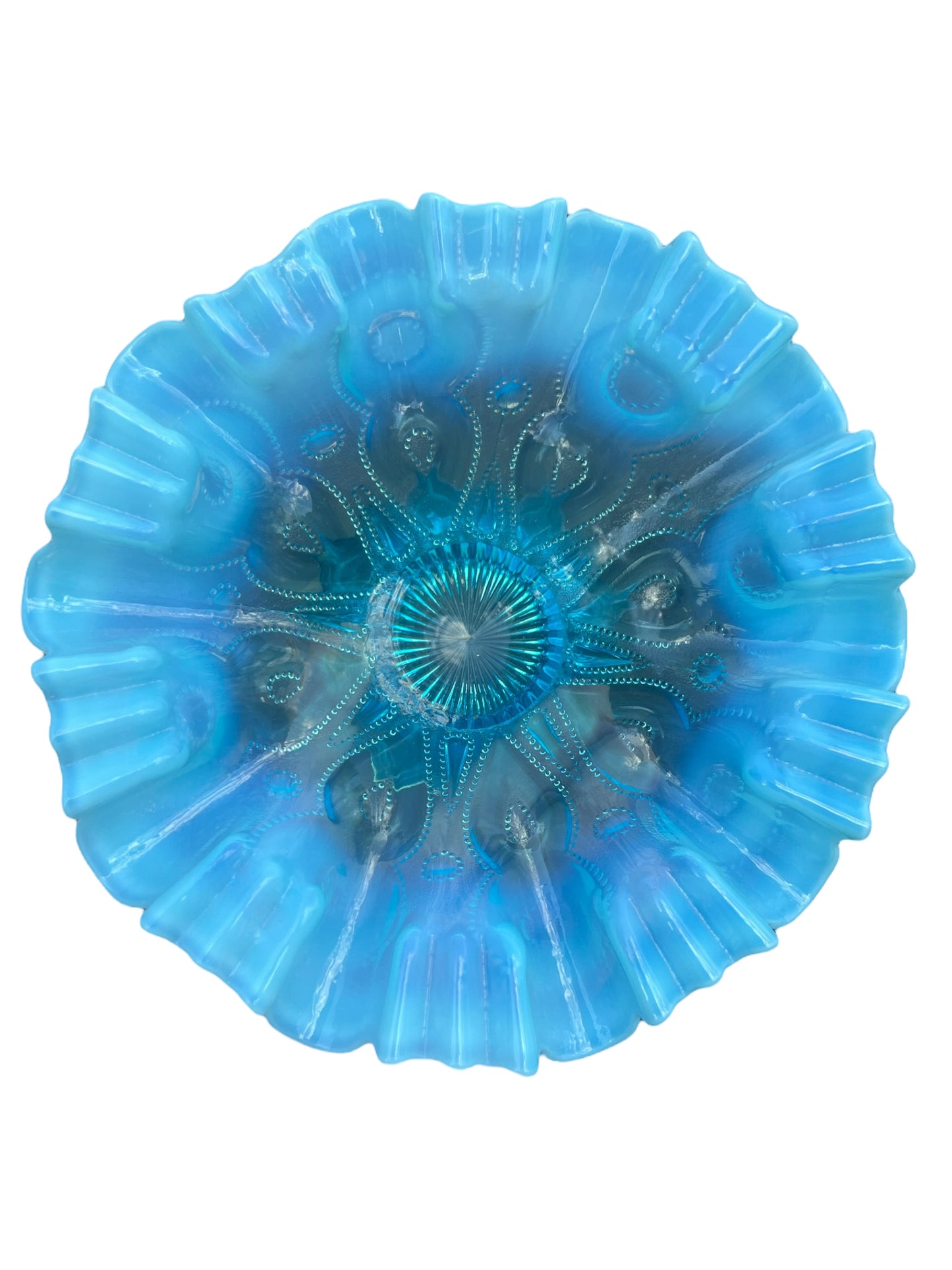 Antique Opalescent Dugan glass blue ruffled footed bowl