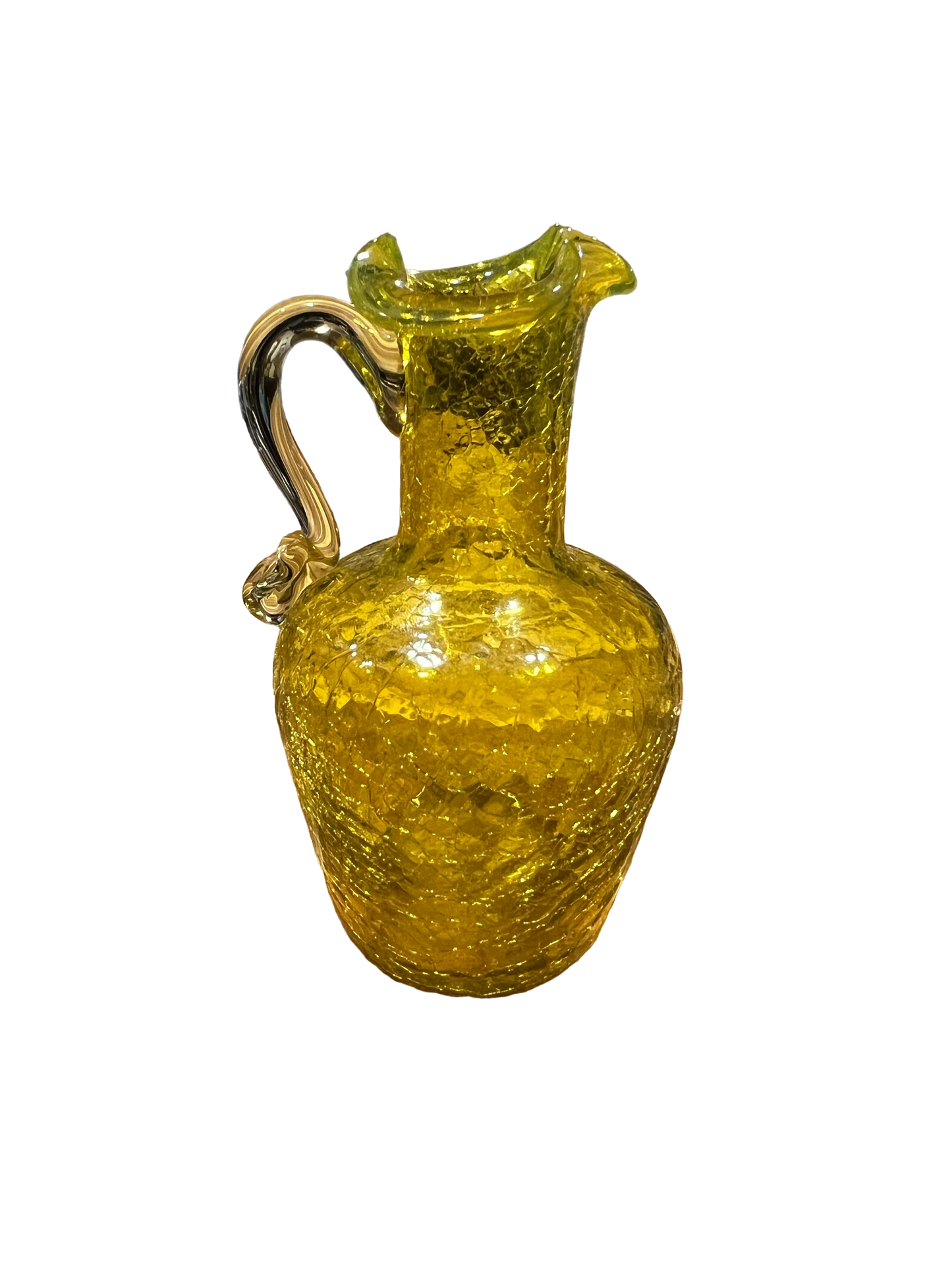 Yellow Crackle glass pitcher glows