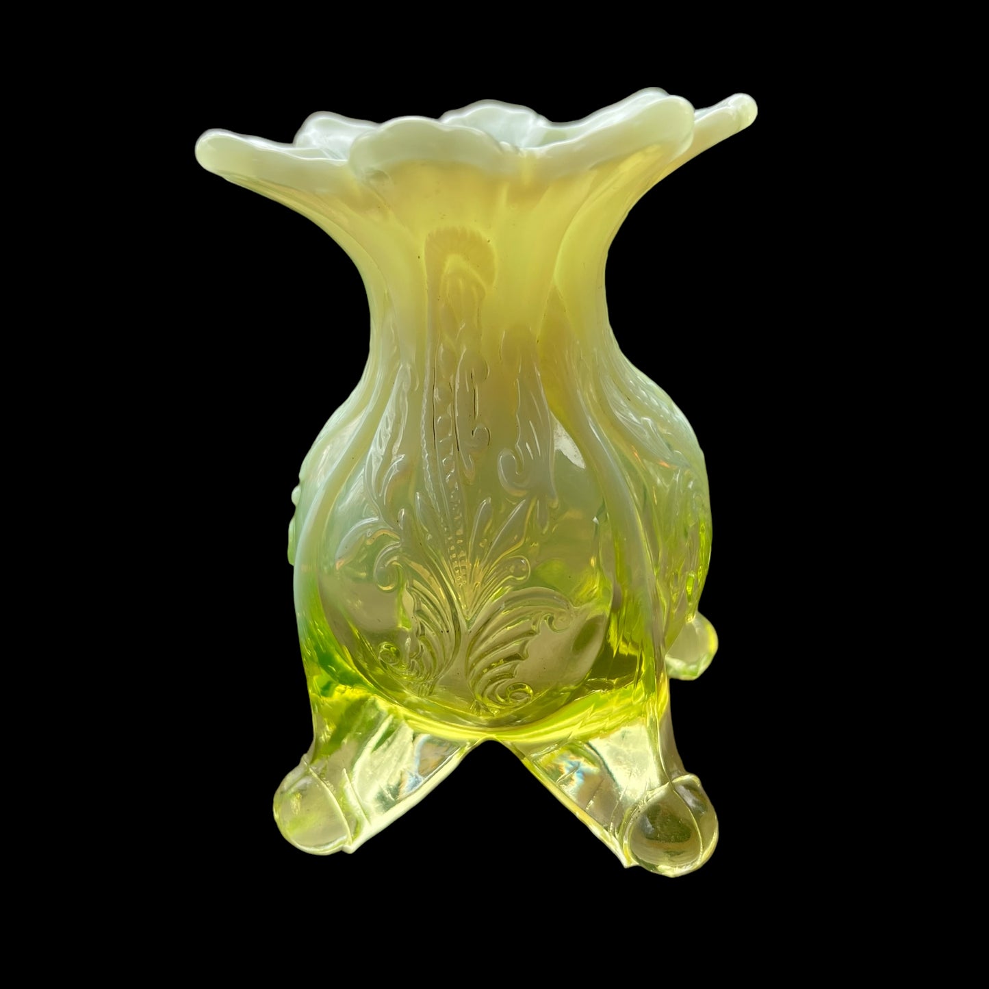 EAPG dugan glass VASELINE OPALESCENT Art Glass INVERTED FAN FEATHER VASE