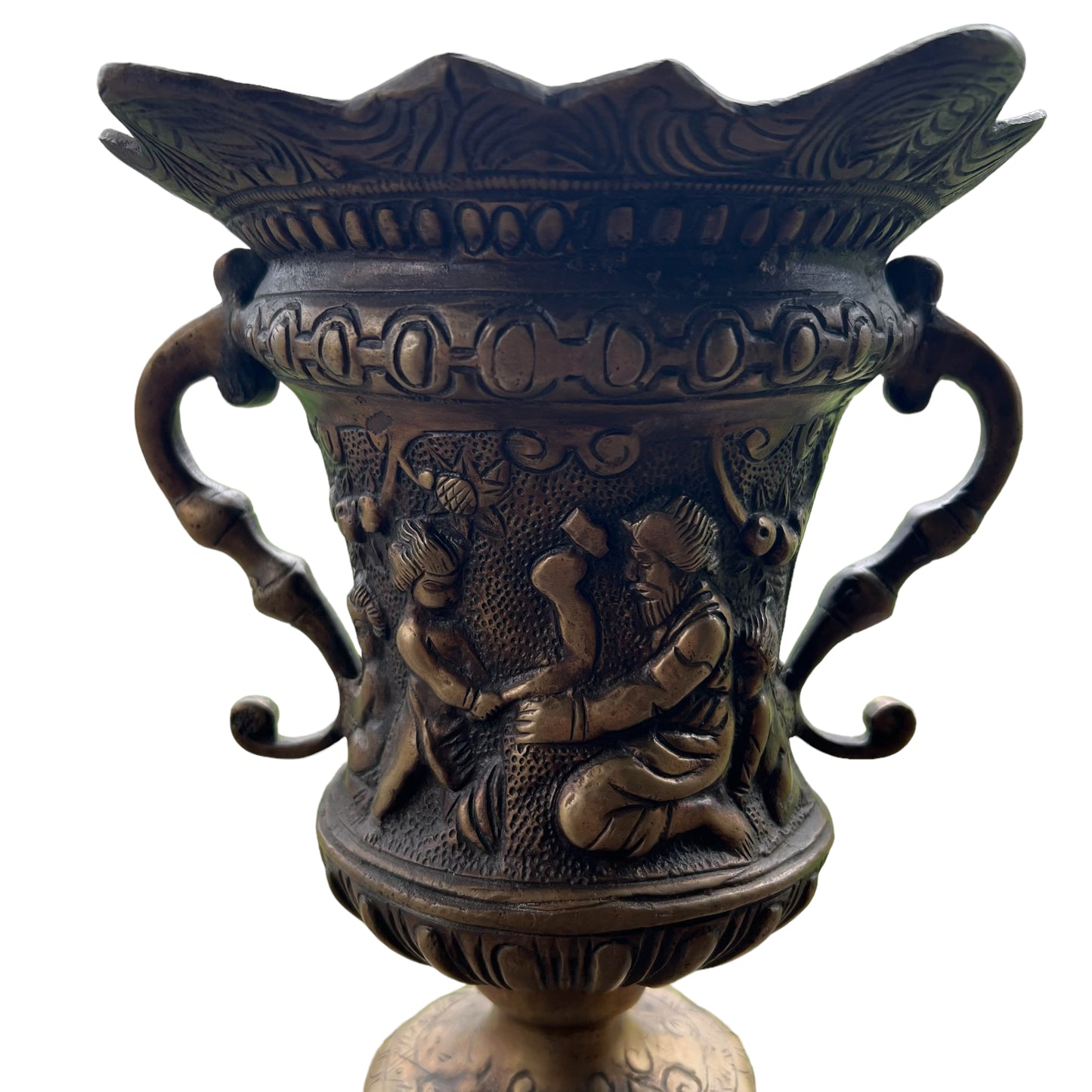 Bronze Double Handle Vase Relief Scenes Mother Child Father Son