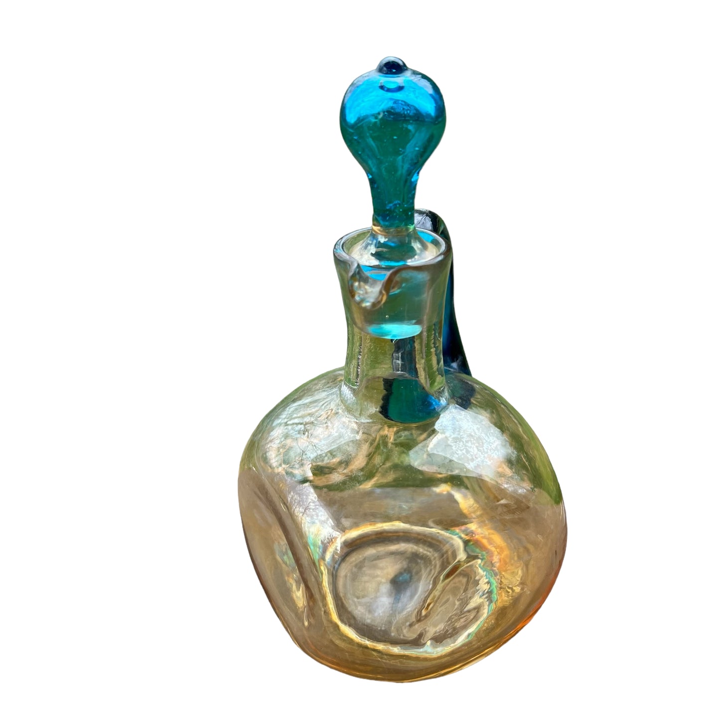 Victorian Moser Bohemian Amber & Blue Pinched Blown Glass Cruet w/ Stopper