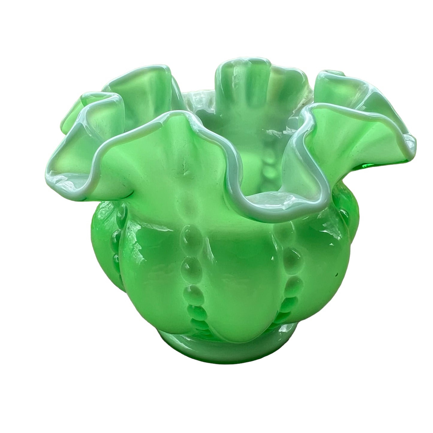 Fenton beaded melon apple/ivy green over white cased vase / rose bowl / pre-logo