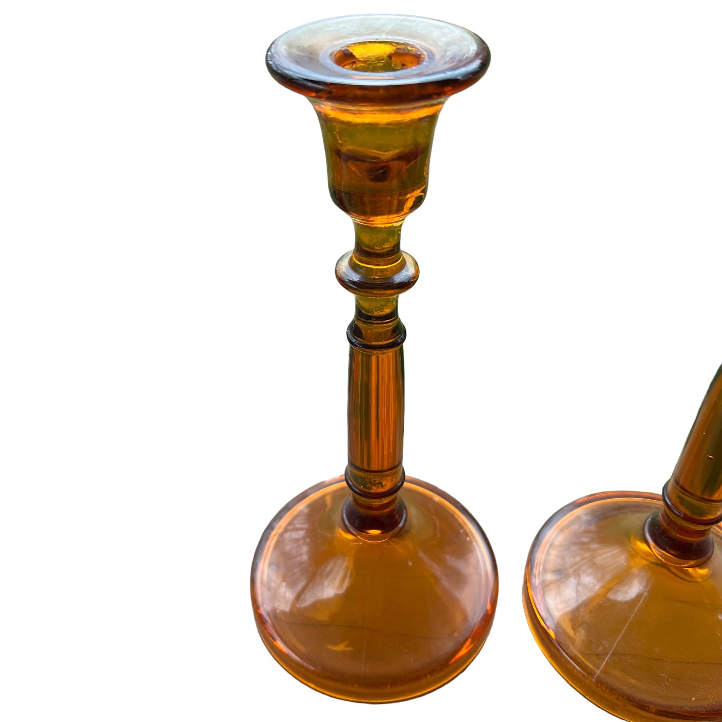 Vintage Pair of Mid Century Amber Glass Taper Candle Holders 9 1/2” Tall