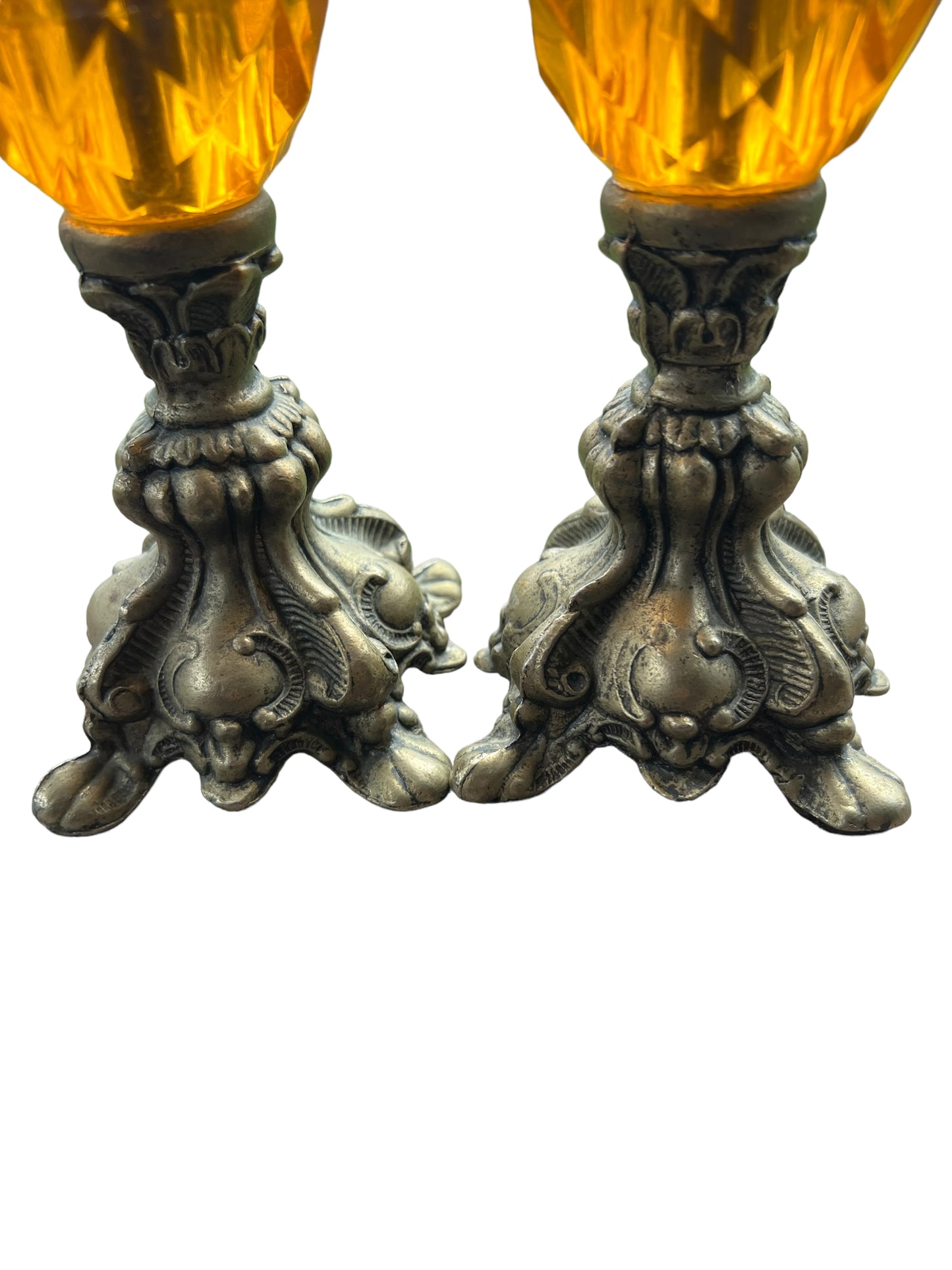Vintage hollywod MCM Pair Ornate Metal Candle Stick Holders votive